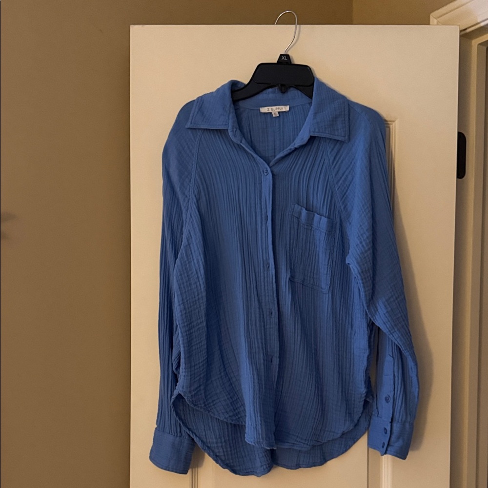 Z Supply Blue Button-Down Textured Shirt
